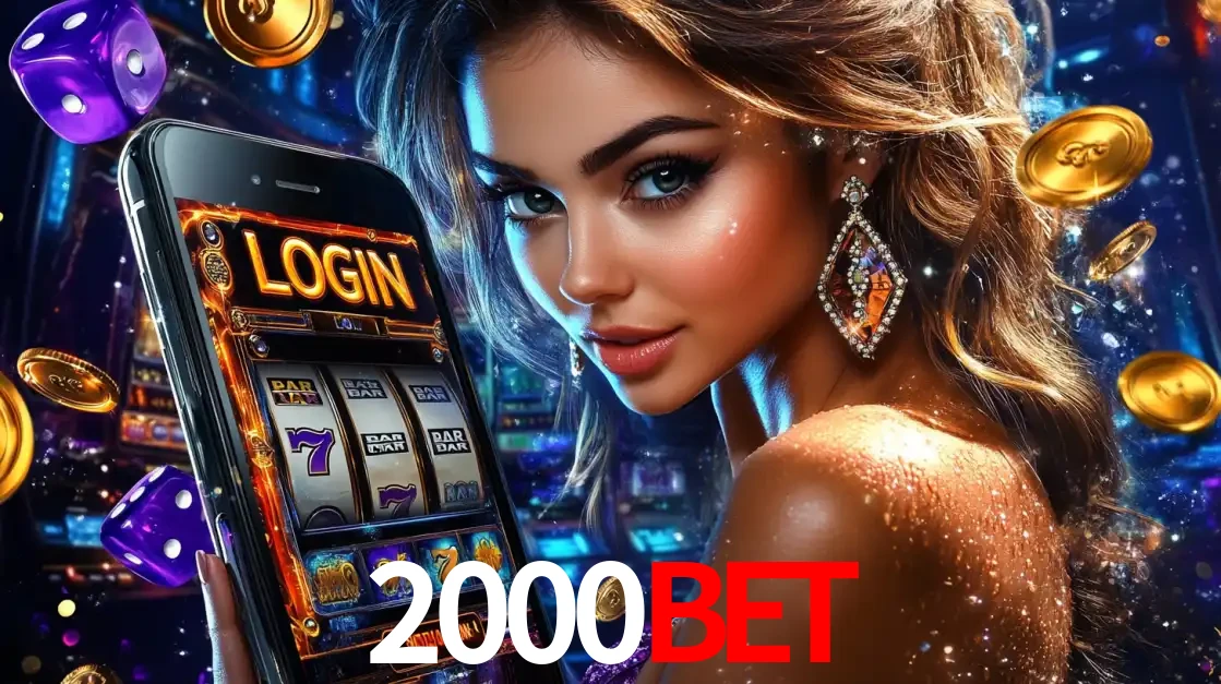 Mulher glamorosa segurando um smartphone com a tela de login para os jogos de caça-níqueis do cassino online 2000bet, com moedas de ouro e dados ao redor.