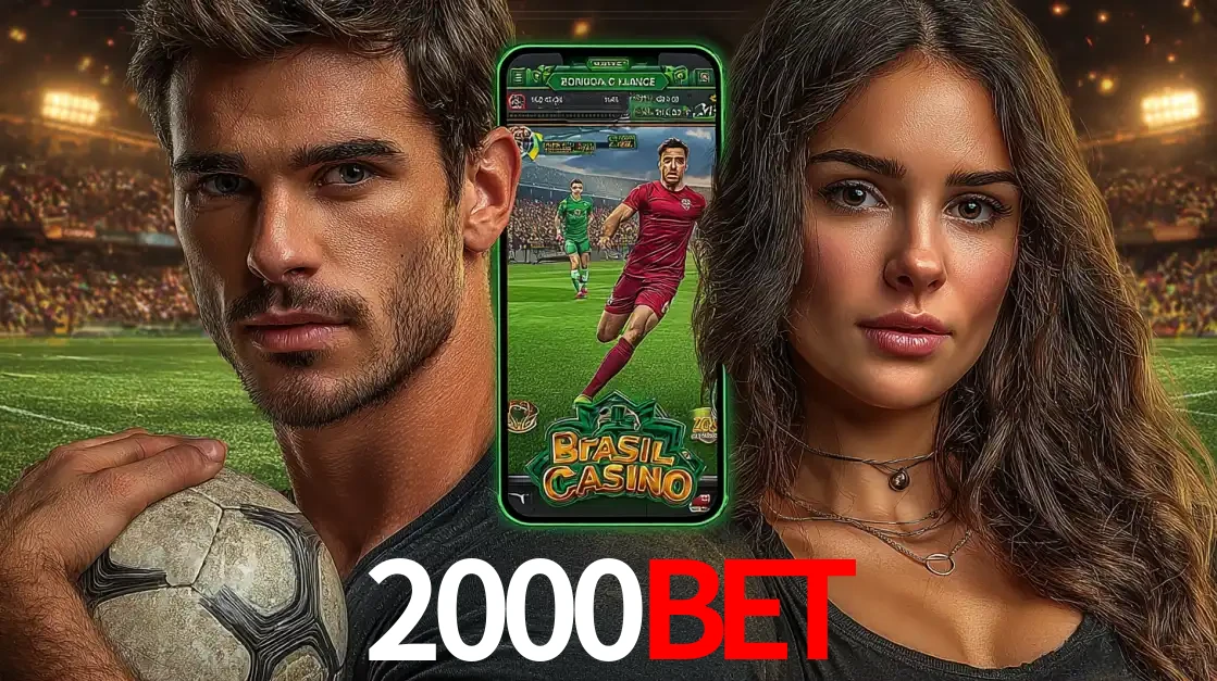 Homem segurando uma bola de futebol e uma mulher ao lado de um smartphone exibindo o jogo de apostas esportivas da 2000bet. Faça seu palpite no cassino online.